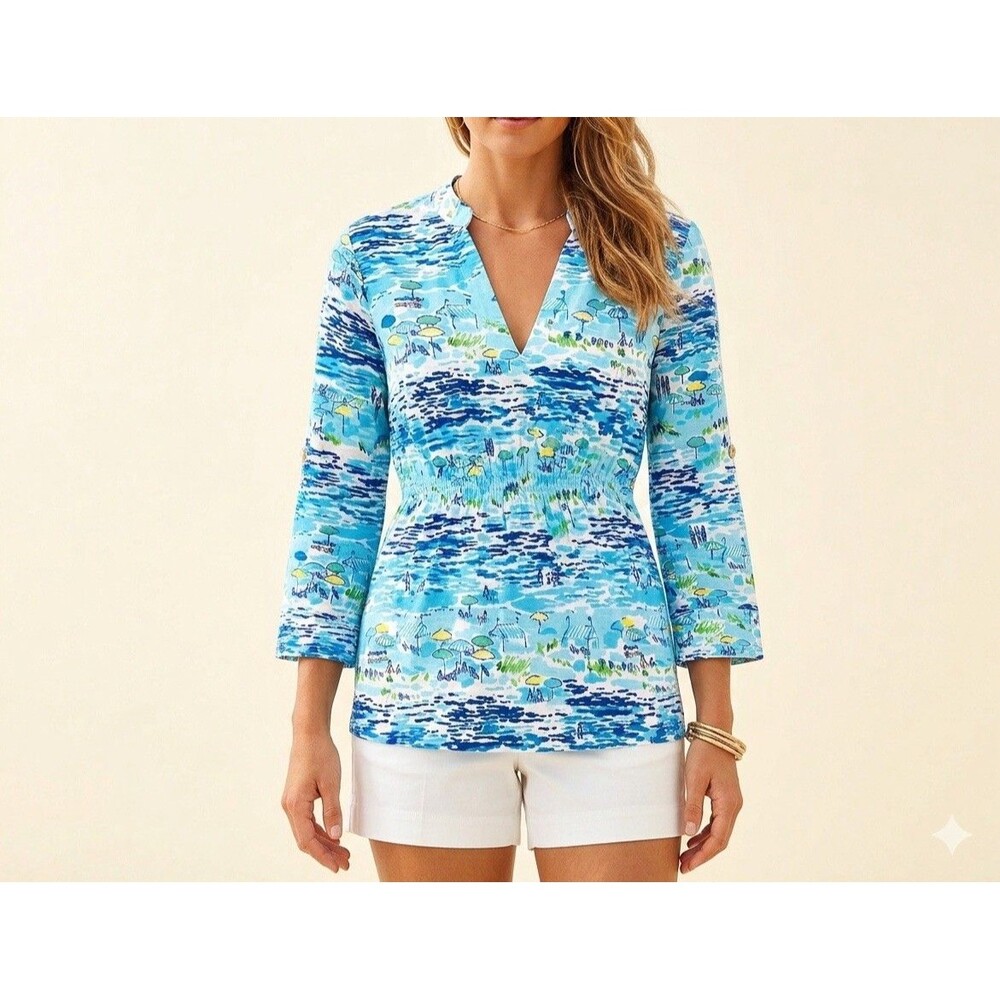 Lilly Pulitzer Costa High Tide Tunic Size XS Toile 3/4 Roll Tab Sleeve Coastal